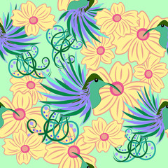 Hummingbirds with flowers seamless fabric pattern.