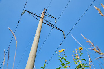 Electric power lines and wires with blue sky and yellow flowers. Support of power lines in a nice...