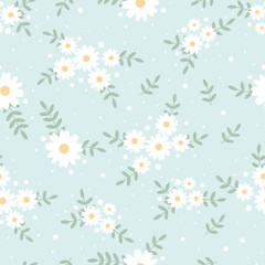 cute flat style tiny white daisy flower on blue background seamless pattern