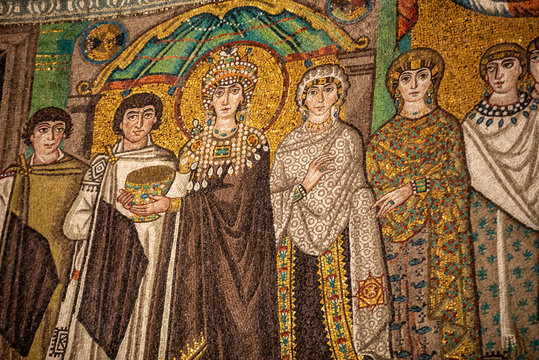 Interior of Basilica of San Vitale, which has important examples of early Christian Byzantine art and architecture. Ravenna. Italy. Empress Theodora and attendants