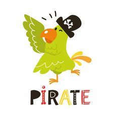 Childish cartoon parrot pirate can be used for cards, birthday invitations, prints, children clothes, interior posters