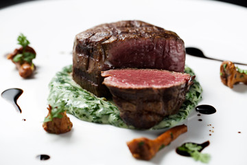 Angus Wagyu Beef Fillet steak with Spinach Esparregado Mushrooms and Porto Sauce in the fine dining restaurant 