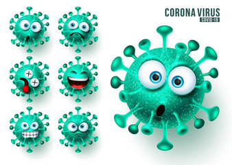 Covid19 ncov emojis vector set. Corona virus covid19 emojis and emoticons with scary and angry facial expressions for viral global pandemic. Vector illustration.
