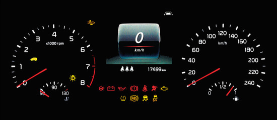 Illustration of car instrument panel with speedometer, tachometer, odometer, fuel gauge, oil temperature gauge, ABS, ESP, TPMS icon, check engine, airbag, brake system, lane assist warning light.
