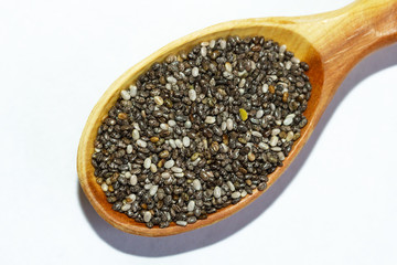 Black Chia seeds in a wooden spoon close-up. Macrophotography of Chia. Health food. Good nutrition. Nutritional Supplement.Top view.