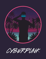 cyber punk poster with man using virtual reality mask