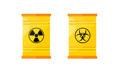A barrel of radioactive waste and the danger signs on white background. Cartoon style vector illustration.