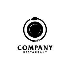 Plate with spoon, knife, and fork logo for restaurant company