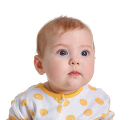 Cute baby in stylish clothes on white background