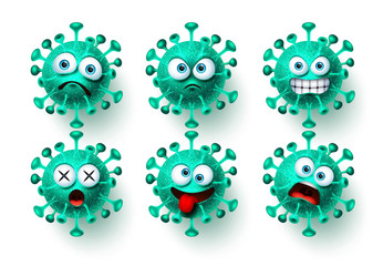 Corona virus icon vector set. Ncov covid19 corona virus emoticon and emoji with scary and angry facial expressions for global pandemic. Vector illustration.
 - obrazy, fototapety, plakaty