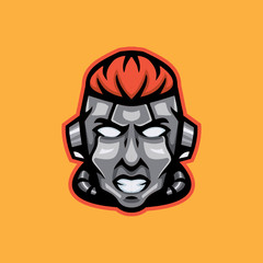 Simple and Minimalist cyberpunk robotic techno head logo design vector template