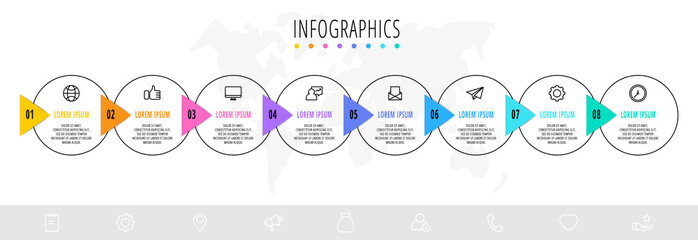 Business diagram with 8 circular elements with arrows. Vector flat concept of eight business options to choose from. Infographics modern design for flowchart, timeline, web, graph, presentation