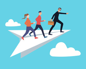 Business team standing and flying in paper airplane. Leadership concept flat vector illustration. New strategy for future.