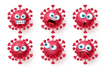 Corona virus emojis icon vector set. Covid corona virus icon and emoticons with scary and angry facial expressions isolated in white. Vector illustration.
 - obrazy, fototapety, plakaty