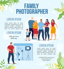 Professional Family Photographer Service Advertisement. Cameraman with Equipment. Grandparent, Parent with Children. Promotion Text. Photo Session, Portrait Shoot Order. Vector Illustration