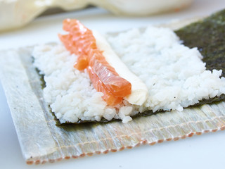 Cook hands making sushi roll closeup photo