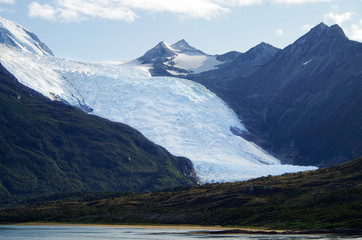 Breathtaking panoramic view of mountains and glaciers along Beagle Channel in Glacier Alley...