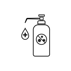 Disinfection icon. Wash and clean dirty hands of bacteria and viruses. Bottle of antiseptic and disinfectant.