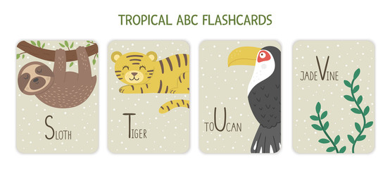 Colorful alphabet letters S, T, U, V. Phonics flashcard with tropical animals, birds, fruit, plants. Cute educational jungle ABC cards for teaching reading with funny sloth, tiger, toucan, jade vine..