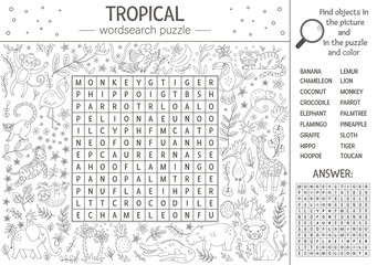 Vector summer wordsearch puzzle. Keyword with tropical animals and birds for children. Educational black and white jungle crossword activity with cute characters. Fun coloring page for kids.