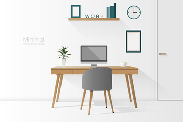 Desk room at home interior minimal style. Work from home. Home office.