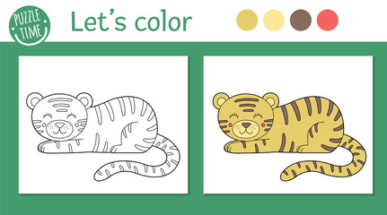 Tropical coloring page for children. Vector tiger illustration. Cute funny animal character outline. Jungle summer color book for kids with colored version and example.