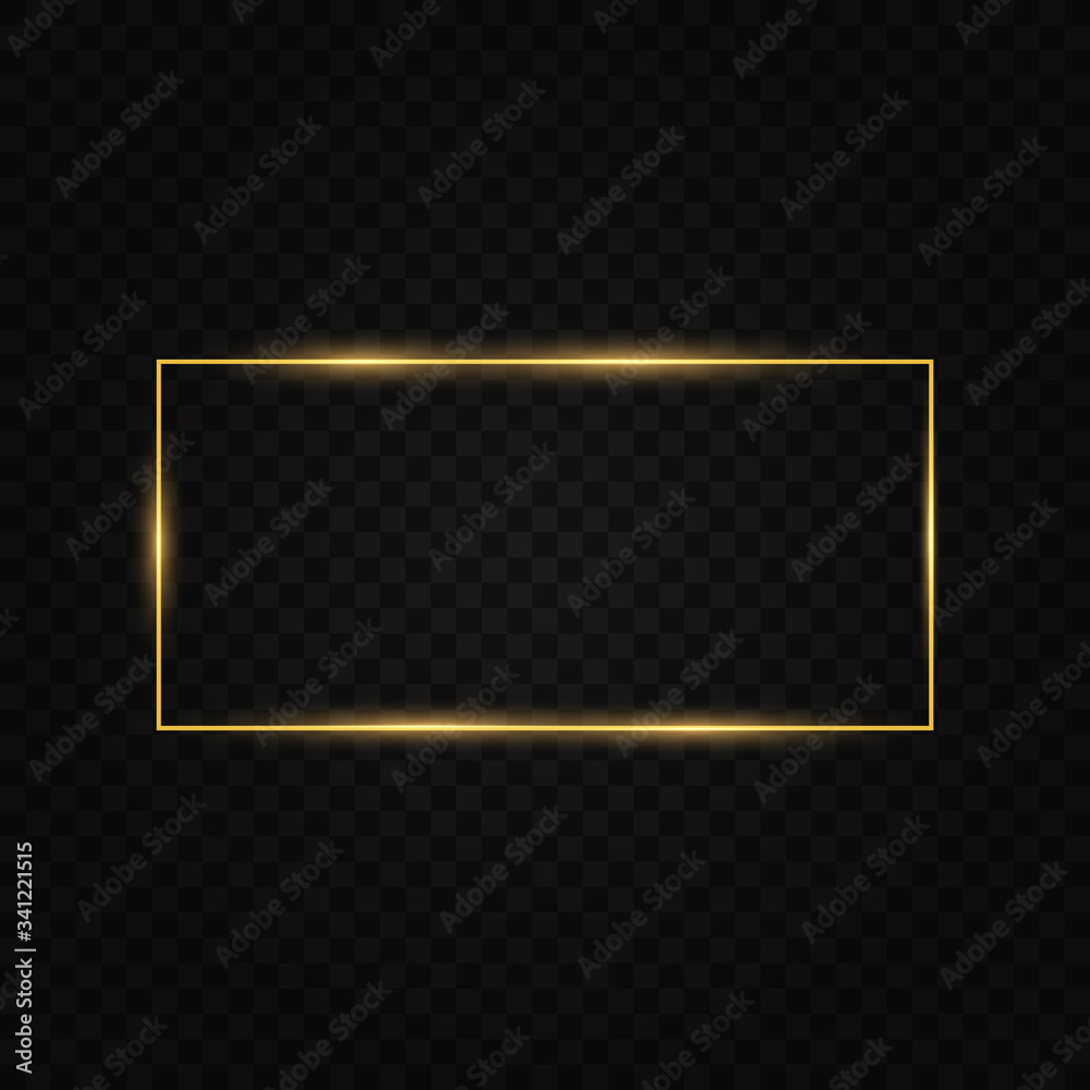 Poster golden frame with lights effects. shining rectangle banner. isolated on black transparent background