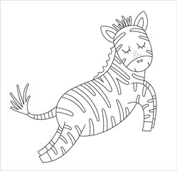 Naklejka na ściany i meble Vector cute zebra outline. Funny tropical exotic animal black and white illustration. Fun coloring page for children. Jungle summer clip art.