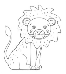 Vector cute lion outline. Funny tropical exotic animal black and white illustration. Fun coloring page for children. Jungle summer clip art.