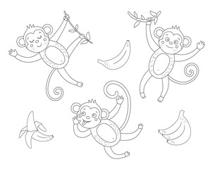 Vector cute monkey with bananas outline set. Funny tropical exotic animal and fruit black and white illustration. Fun coloring page for children. Jungle summer clip art collection.