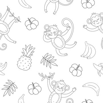 Vector black and white seamless pattern with cute monkeys and bananas. Funny tropical animals and fruit digital paper. Monochrome background for children. Jungle summer texture.