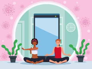couple practicing online yoga for quarantine