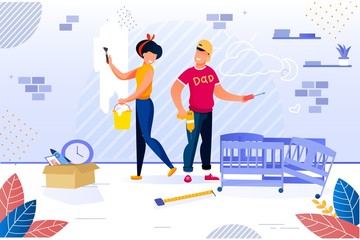 Happy Family Repairing Home. Newlyweds and House Renovation. Woman Painting Wall in Room. Man Constructing Baby Bed. New Apartment Repair after Moving. Childbirth Preparation. Vector Illustration