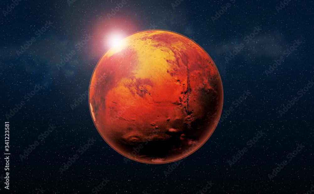 Wall mural mars the red planet of the solar system in space. high resolution art presents planet mars in space.