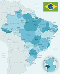 Blue-green detailed map of Brasilia and administrative divisions with country flag and location on the globe.