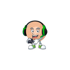 A cartoon design of rounded bandage talented gamer play with headphone and controller