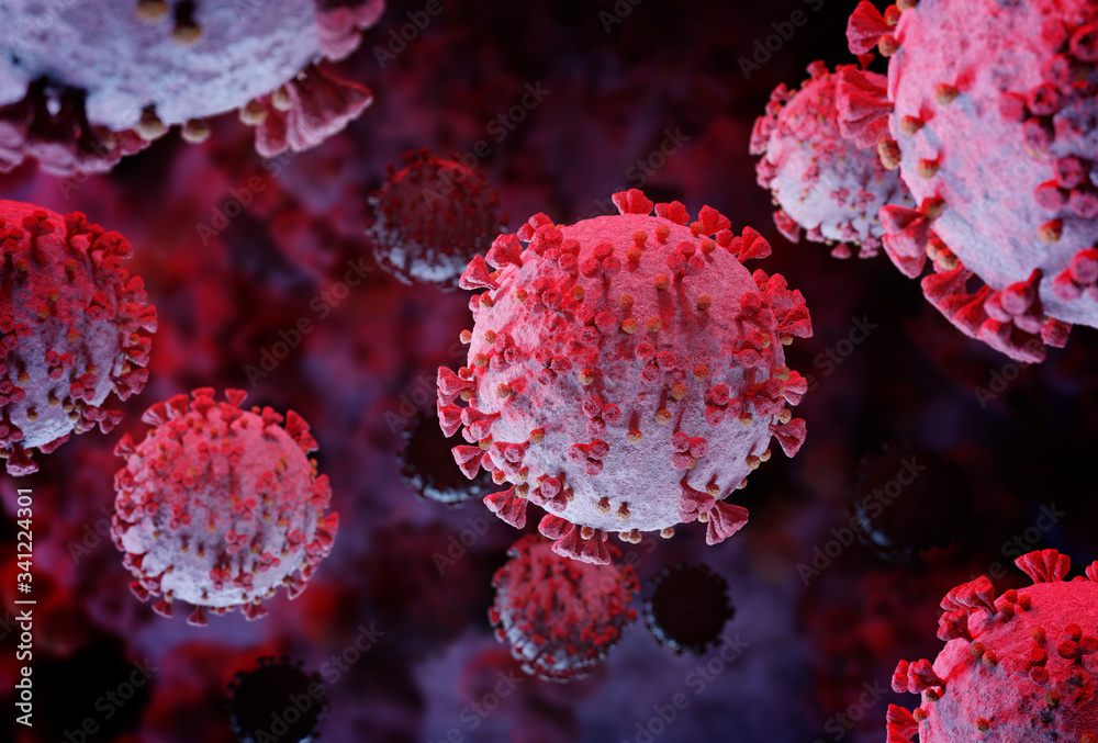 Poster 3d rendering of the coronavirus on a microscopic level. microscope close-up of the covid-19 disease.