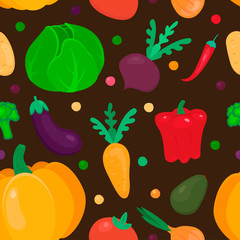 cute vegetables flat seamless pattern on brown background