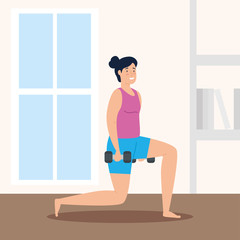 Fototapeta premium woman with dumbbells in the house vector illustration design