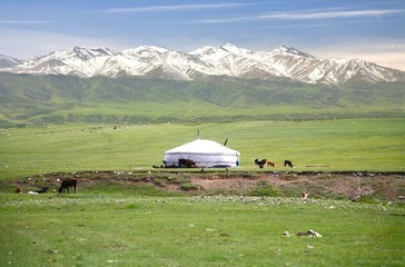 The ger camp in a large meadow at Naryn of Kyrgyzstan