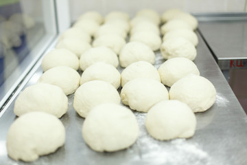 Fototapeta na wymiar lumps of dough on a steel countertop