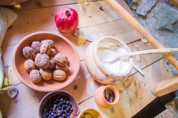 ancient country cuisine, traditional cuisine, ingredients, agricultural and hunting products,...