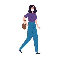 young woman walking with face mask isolated icon vector illustration design