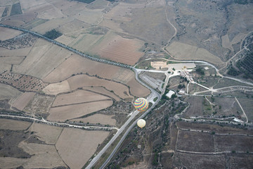 Panoramic view of mountain landscape from the balloon in the sky