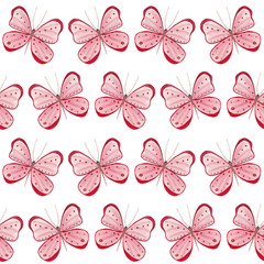 Fototapeta premium Seamless pattern with Pink butterfly on white background, cute hand painted watercolor illustration