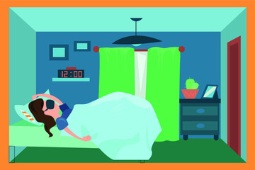 Vector illustration of the girl sleeping resting in bed during corona virus quarantine