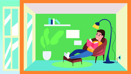 Vector illustration of the man reading book during corona virus quarantine
