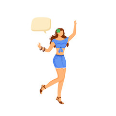 Happy girl flat color vector faceless character. Cheerful woman in movement. Female dance. Person with speech bubble isolated cartoon illustration for web graphic design and animation