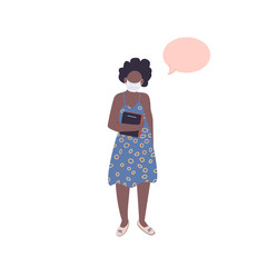 African american student in medical mask flat color vector faceless character. Black woman hold book. Person with speech bubble isolated cartoon illustration for web graphic design and animation