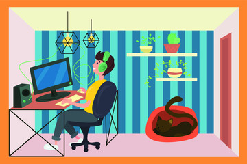 vector illustration of a man working on a laptop during corona virus isolation